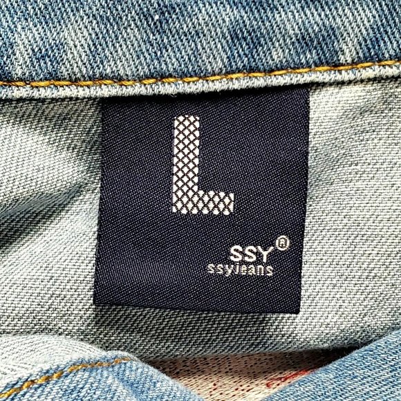 SSY Jeans Small ? Denim Distressed Jean Jacket Embroidered Red Flame X Punk - Picture 7 of 8